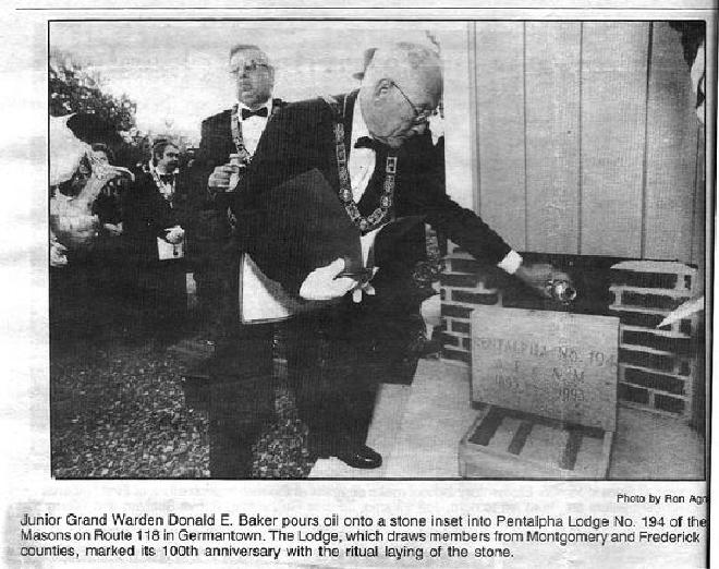 Image of Masons laying the cornerstone of the Pentalpha Lodge #194 masonic temple in Germantown, Maryland